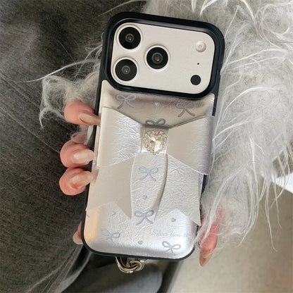 【シルバー立体リボン】ボールストラップ付き フェミニン スマホケース｜iPhone対応 #260206