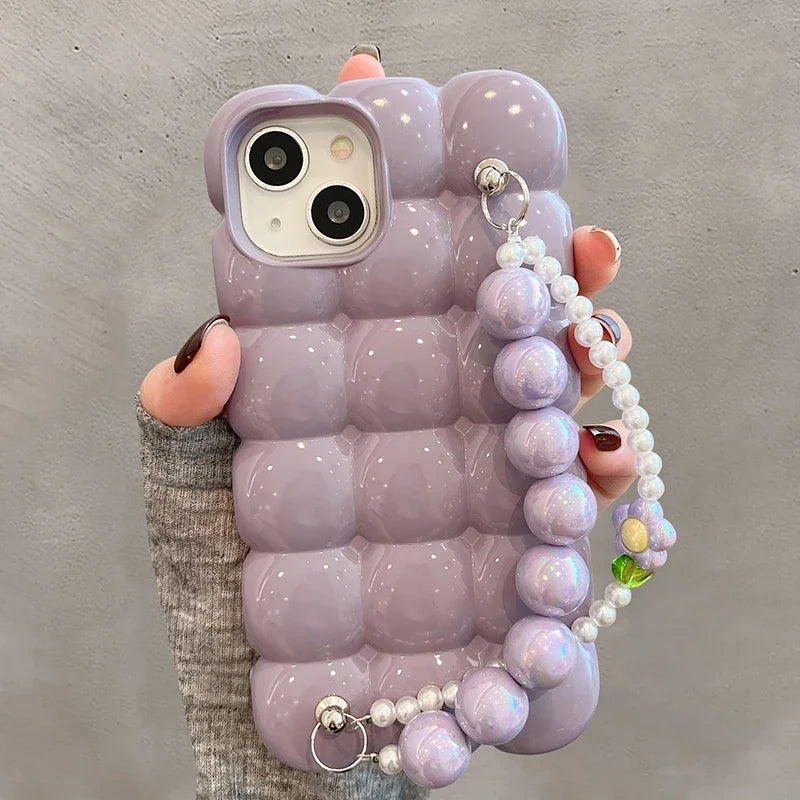 【ぽこぽこシリーズ】3D立体キューブデザイン ビーズストラップ付き スマホケース｜iPhone対応 #251027