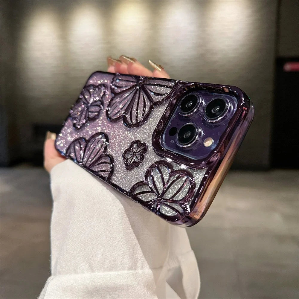 【グリッターフラワーシャイン】3Dフラワー × グラデーションラメ スマホケース｜iPhone対応 #250618