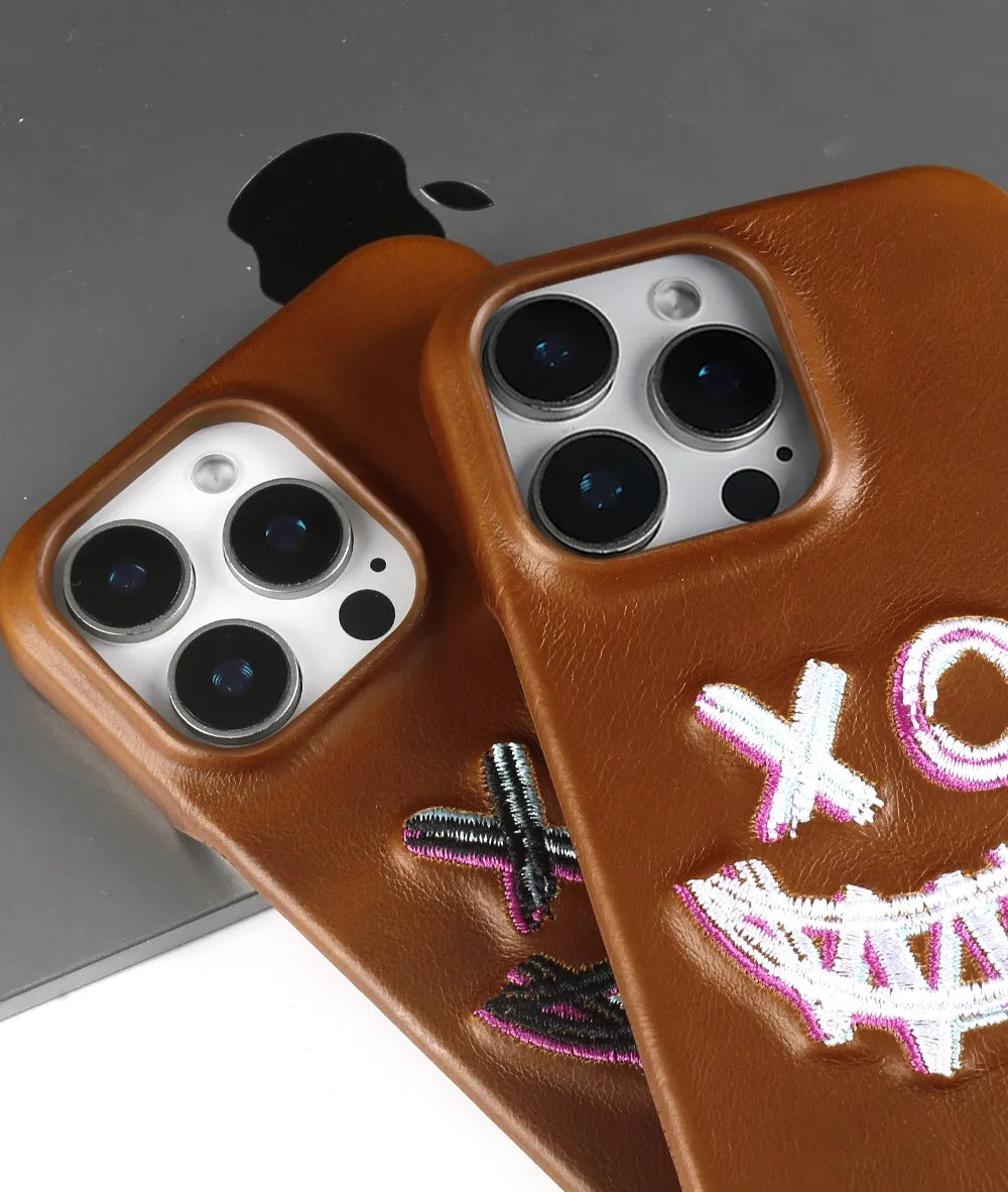 【本革シリーズ】艶あり スムースレザー スマイル ステッチケース｜iPhone対応 #240831