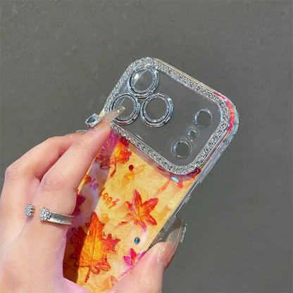 【メイプルリーフ】紅葉 クリア × ラメ オレンジ レンズ周りジュエリー ケース｜iPhone対応 #240917