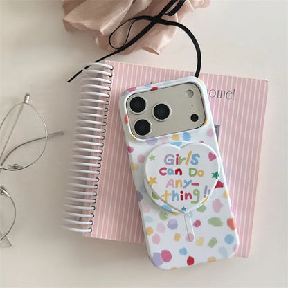 ガーリーポップ カラフルドット 水玉ペイント Magnet内蔵 iPhoneケース｜ハートグリップ付き #230708