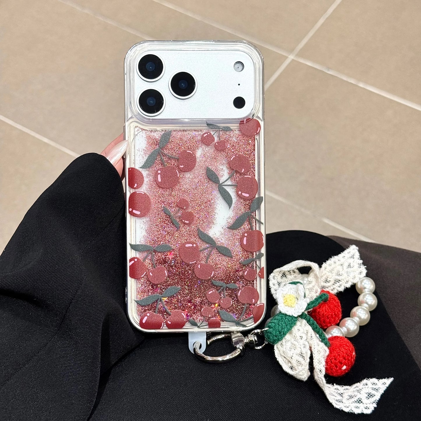 チェリー柄 リキッドグリッター パールストラップ付き クリア iPhoneケース キュート・ガーリー・韓国風 #261119
