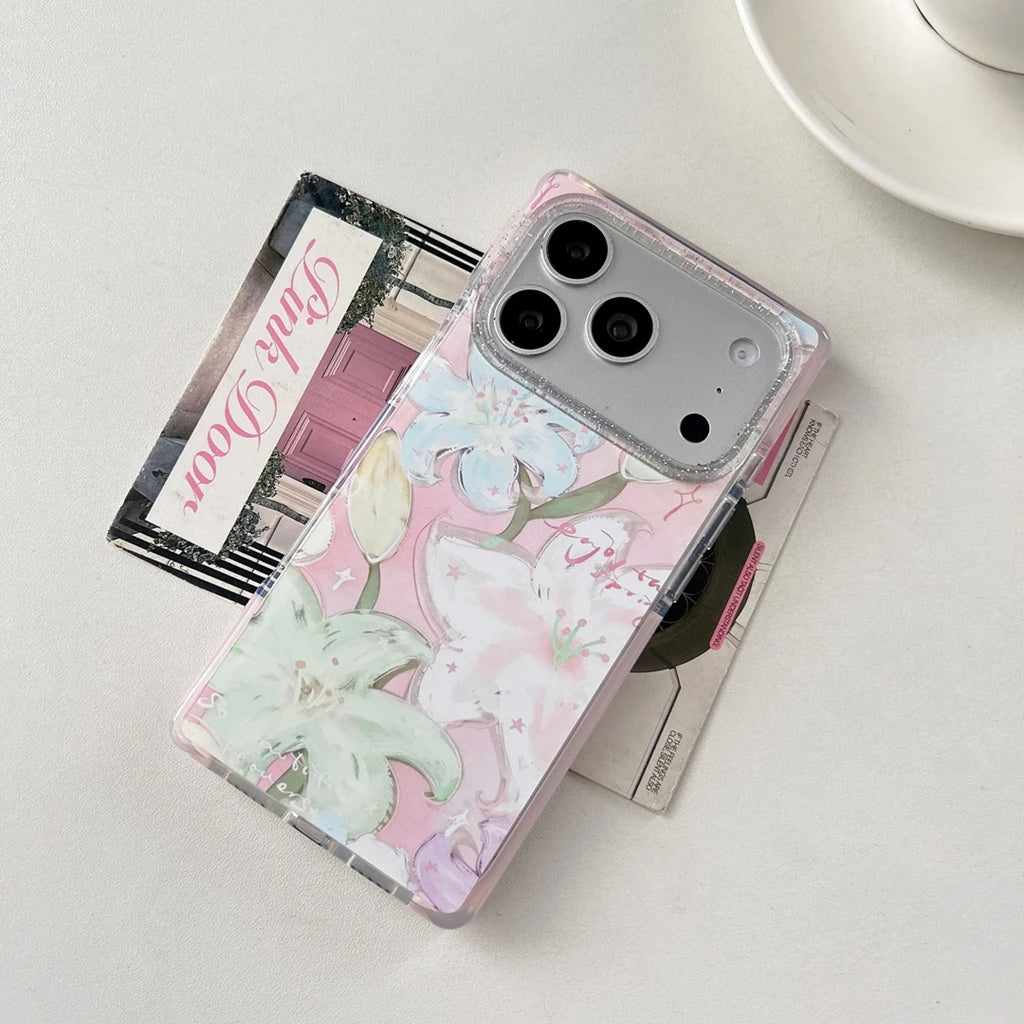 【ユリの花】iPhoneケース フラワーアート ピンク｜スクエアデザイン 花柄グリッター付きi #230823