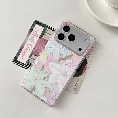 【ユリの花】iPhoneケース フラワーアート ピンク｜スクエアデザイン 花柄グリッター付きi #230823