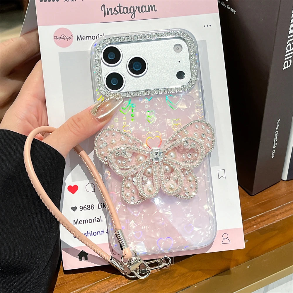 バタフライモチーフ iPhoneケース｜蝶々 パールビジューデザイン・ストラップ付き #240602