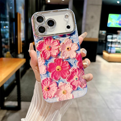 【フラワーアートシリーズ】カラフルハンドペイント風 キラキラレンズ保護 花柄 スマホケース｜iPhone対応 #251208