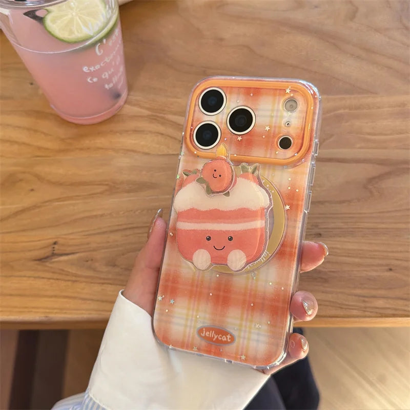 【Magnet内蔵】クリームケーキ オレンジ ギンガムチェック スマホケース｜ゆるかわポップソケット｜iPhone対応 #241203