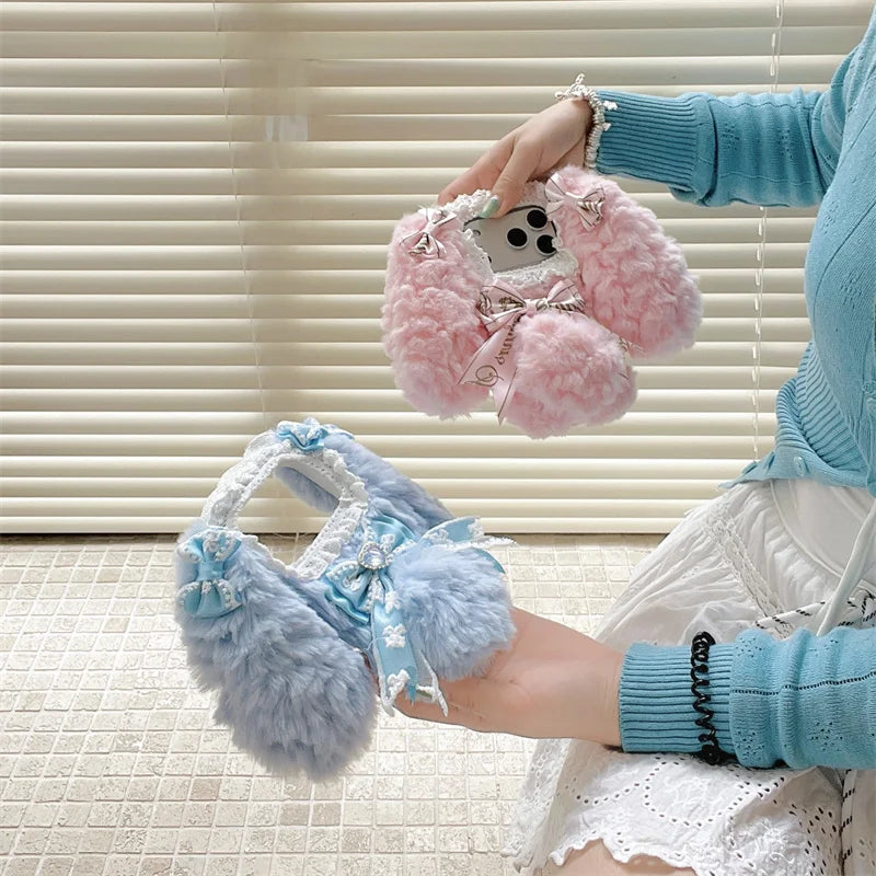 【ロリータファーリボンうさぎ】耳付き ふわもこリボン × レースデザイン ラビット スマホケース｜iPhone対応 #250102