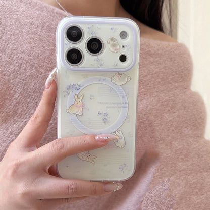 うさぎグリップ 小花×パープル クリア Magnet内蔵 iPhoneケース｜淡色・透明感 #260016