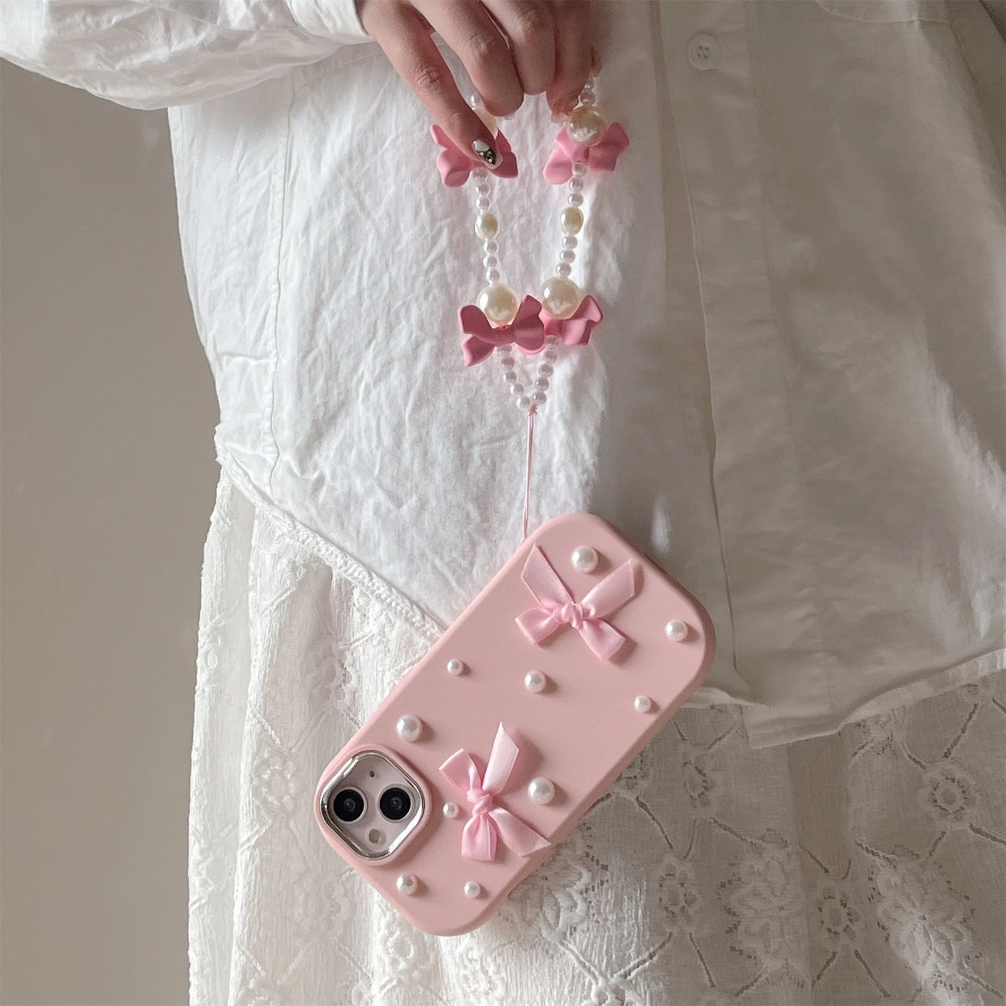 【パールリボン】立体リボン＆パール ストラップ付き デコスマホケース｜iPhone対応 #250727