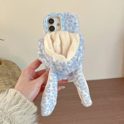 もこもこ 耳付き ラビット アニマルフード レオパード ヒョウ柄 iPhoneケース｜ファー素材 #240424