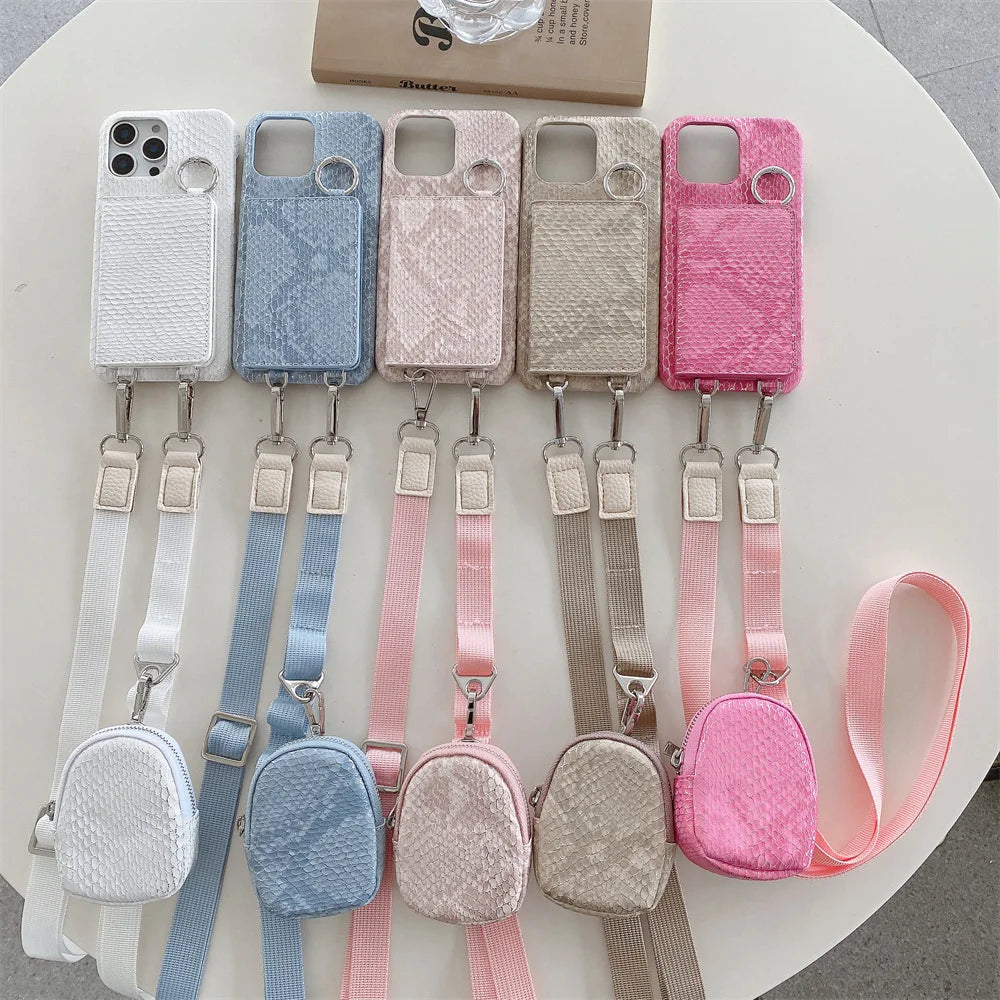 【スネークシリーズ】ヘビ柄 高見え ショルダーストラップケース ＋ カード収納 ミラー ミニポーチ #240916