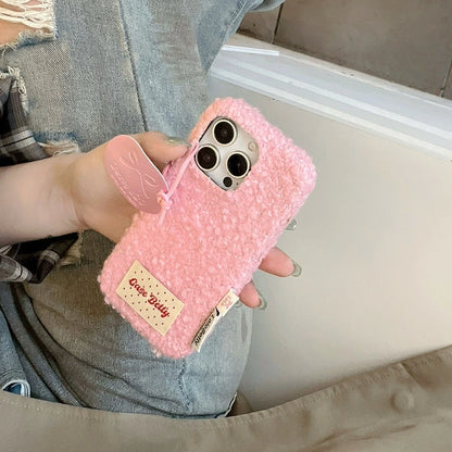 【ふわもこボア素材】リボン タグ付き 韓国風スマホケース｜iPhone対応 #250117