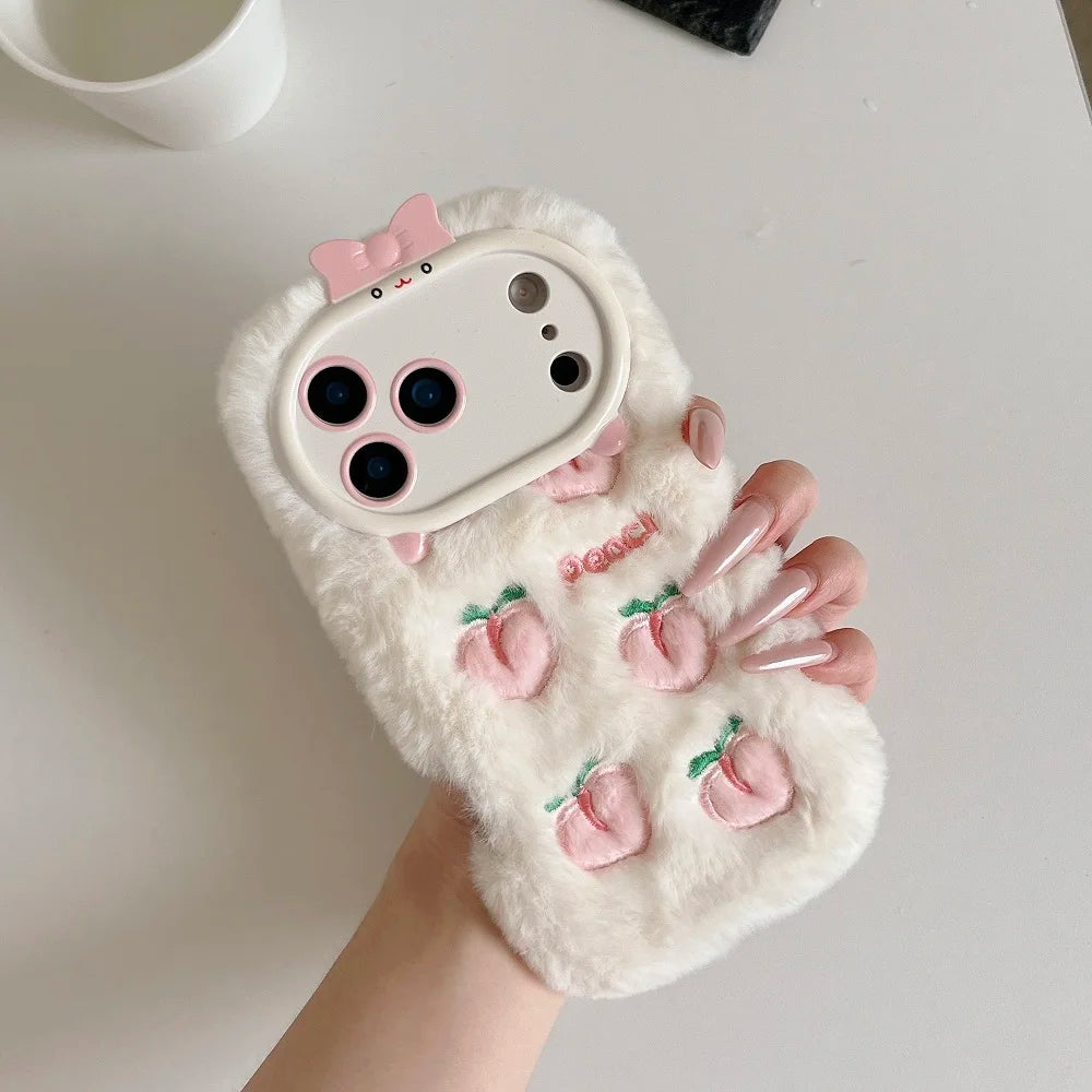 【ピーチファーリボン】もこもこピーチ×リボンカメラカバー スマホケース｜iPhone対応  #250113