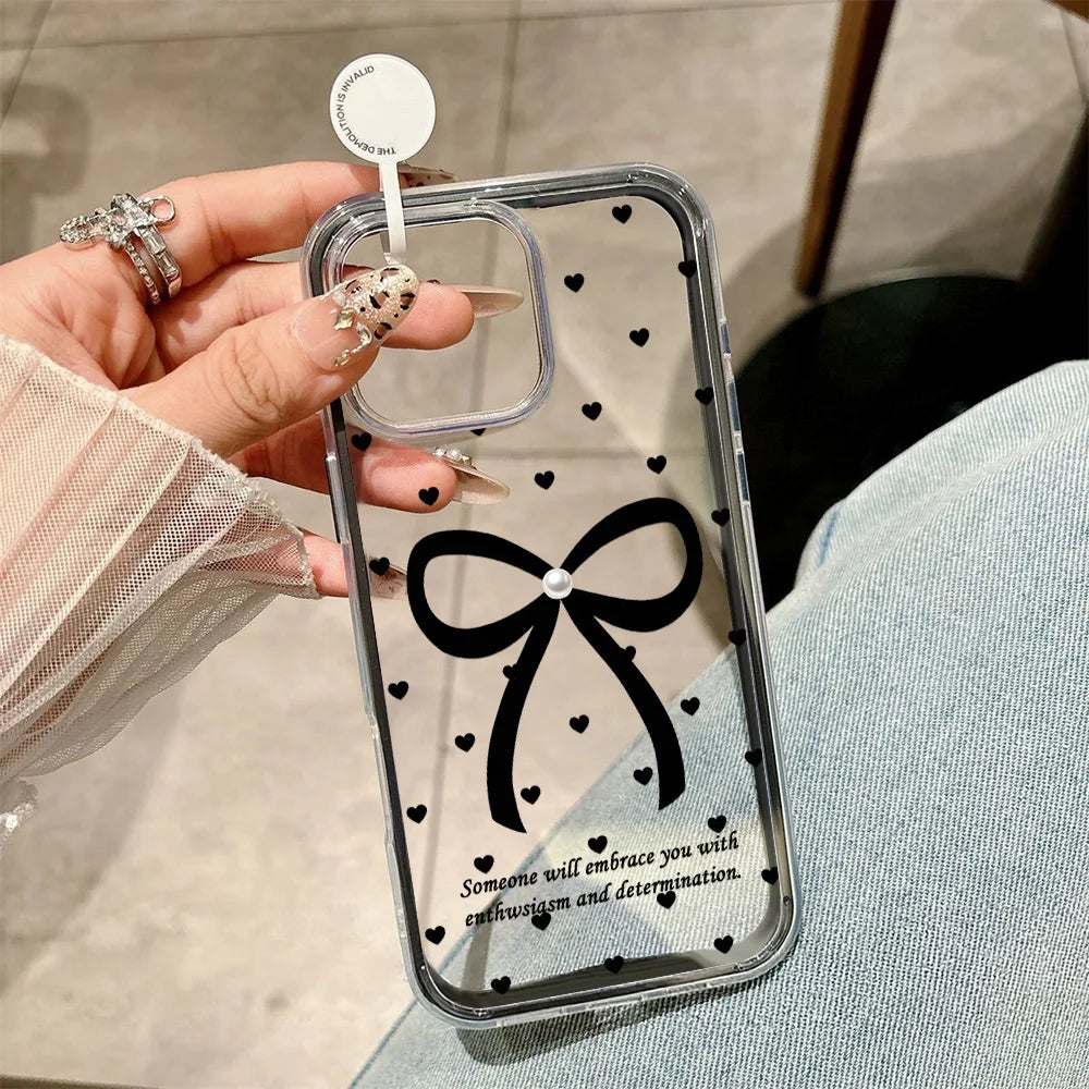 【リボンクリアハート】クリア×リボン＆ハートドット スマホケース｜iPhone対応 #250115
