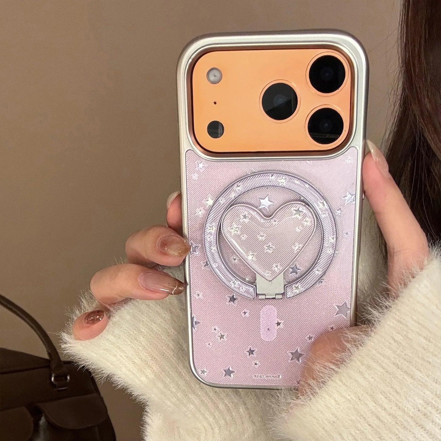 【マグネット式折りたたみハートスタンド付き】星柄 ラベンダー ハートリング付きスマホケース｜iPhone対応 #240705