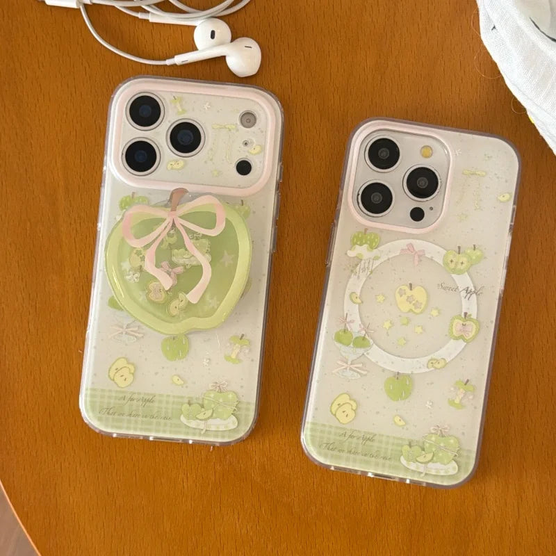リボン グリーンアップル Magnet内蔵 りんごグリップ付き クリア iPhoneケース #231126