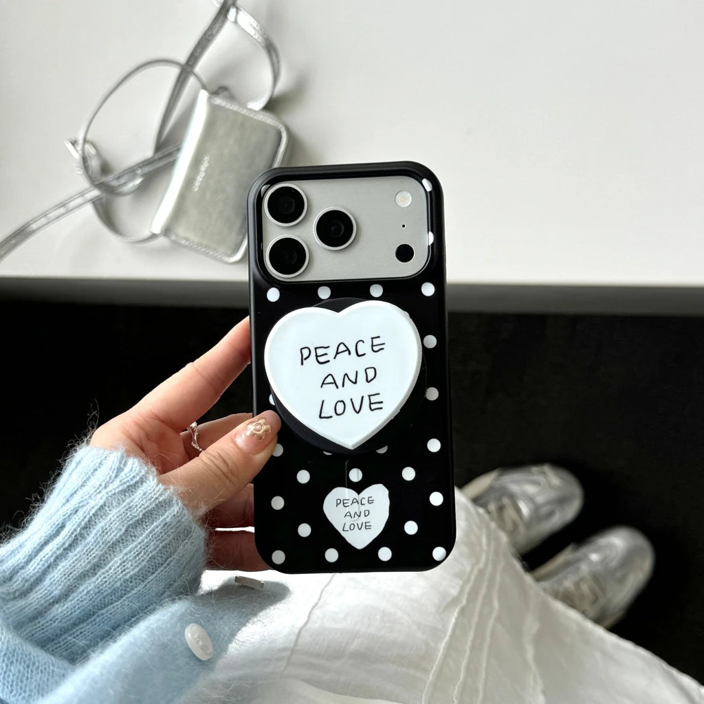 PEACEロゴ ハートグリップ ドット 水玉 iPhoneケース｜ポップデザイン #231216