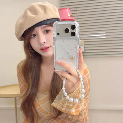 【スター×パールストラップ】キラキララメ 流れ星モチーフ クリア スマホケース｜iPhone対応 #240618