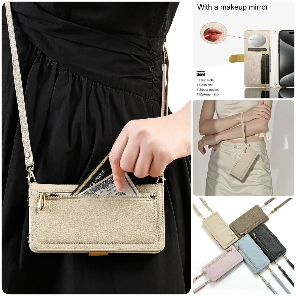 【ブックスタイル】レザー調 財布一体型 手帳型 iPhoneケース｜ファスナー収納・ミラー付き #240201