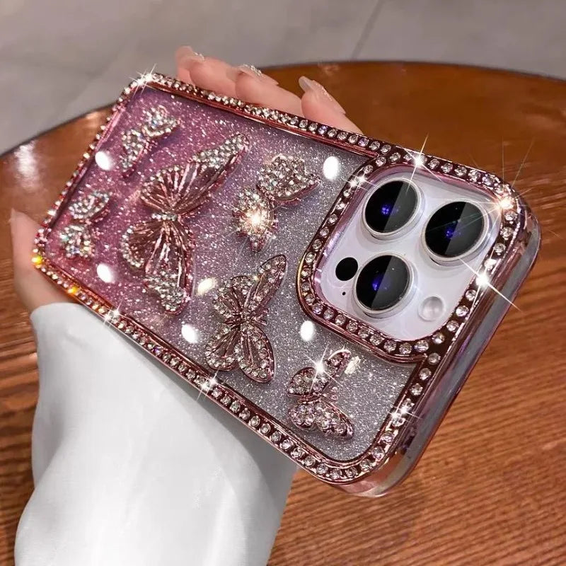 【ジュエリーバタフライ】立体バタフライ×ビジューグラデーション スマホケース｜iPhone対応 #250628