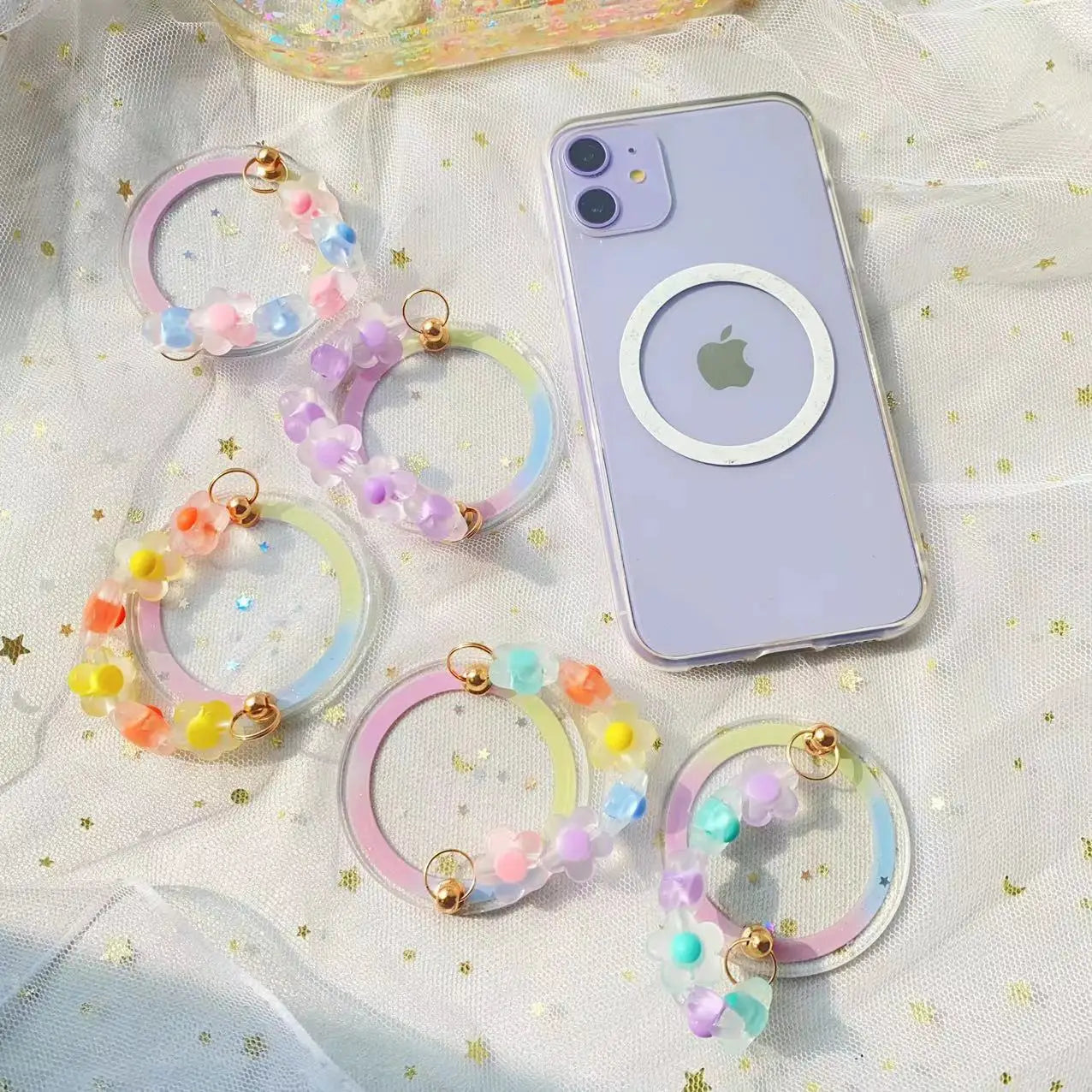 【スマホリング】着脱可能 フラワービーズ マグネットホルダー｜パステル・大人かわいい #261052