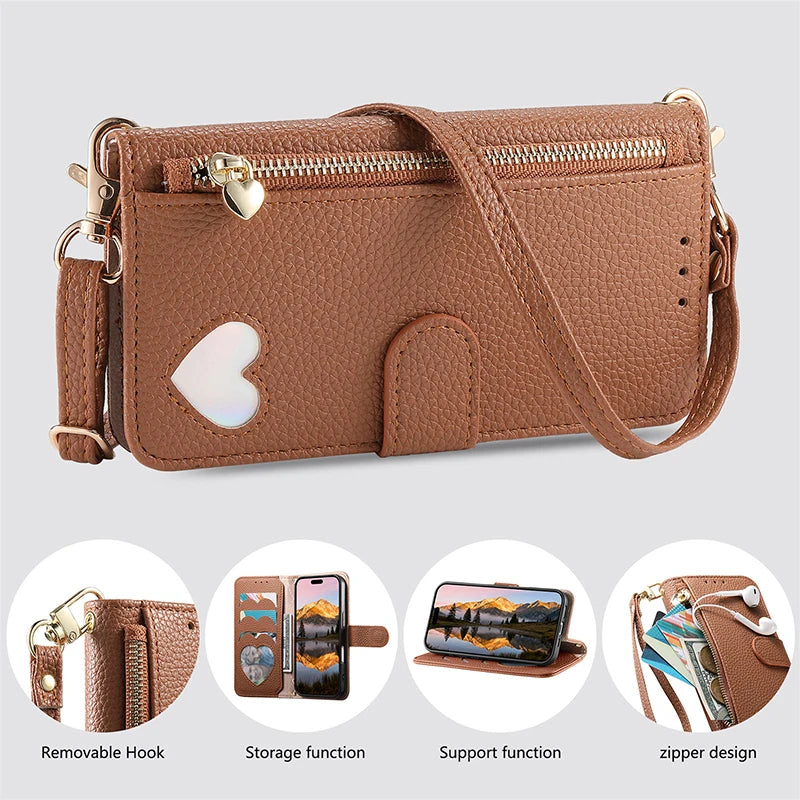 【ブックスタイル】ハートモチーフ レザー調 財布一体型 手帳タイプ iPhoneケース｜ショルダーストラップ付き #240205