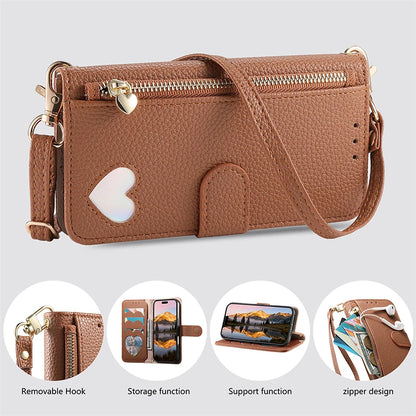 【ブックスタイル】ハートモチーフ レザー調 財布一体型 手帳タイプ iPhoneケース｜ショルダーストラップ付き #240205