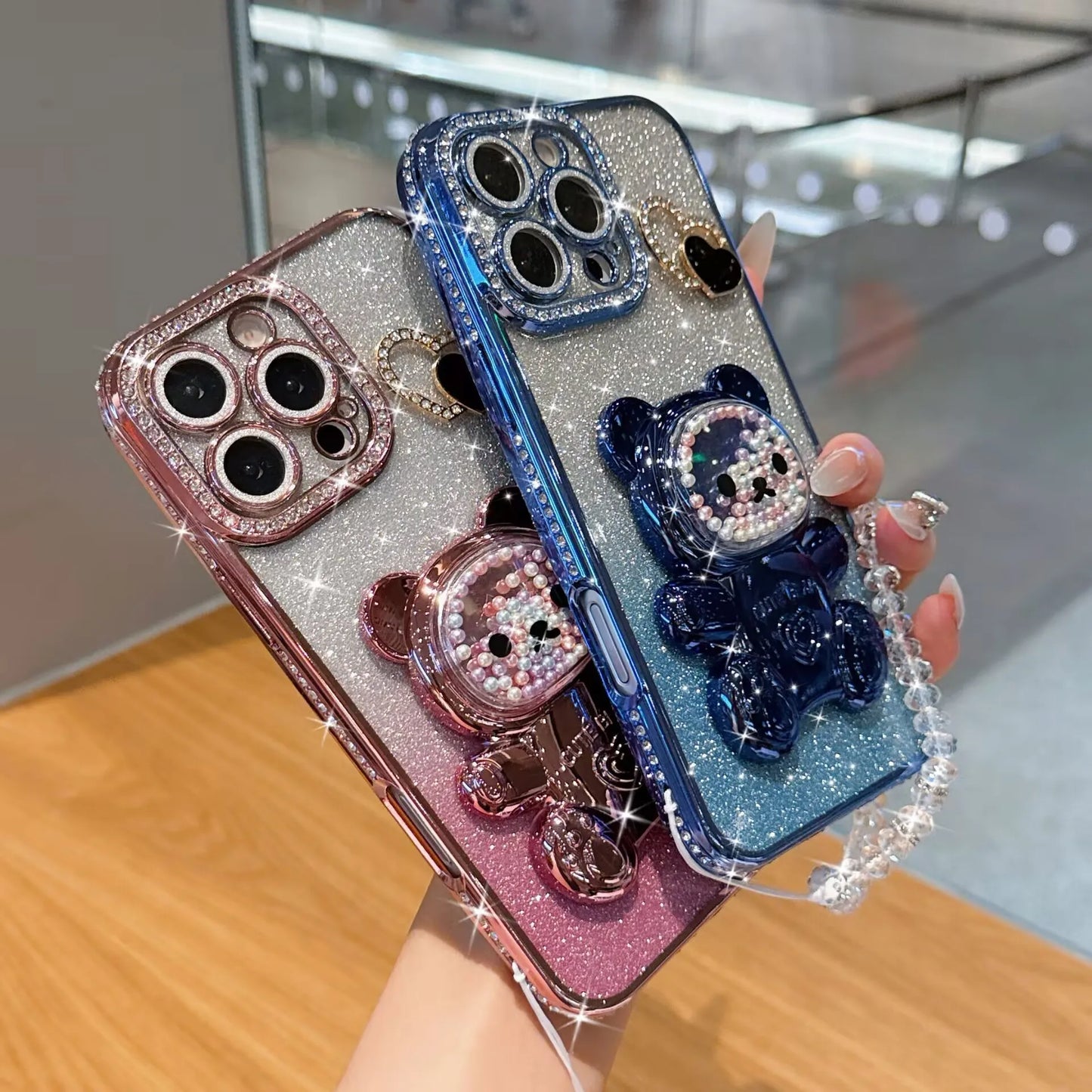 キラキラ グリッター ビーズベア ジュエル iPhoneケース｜折りたたみ スタンド#240415