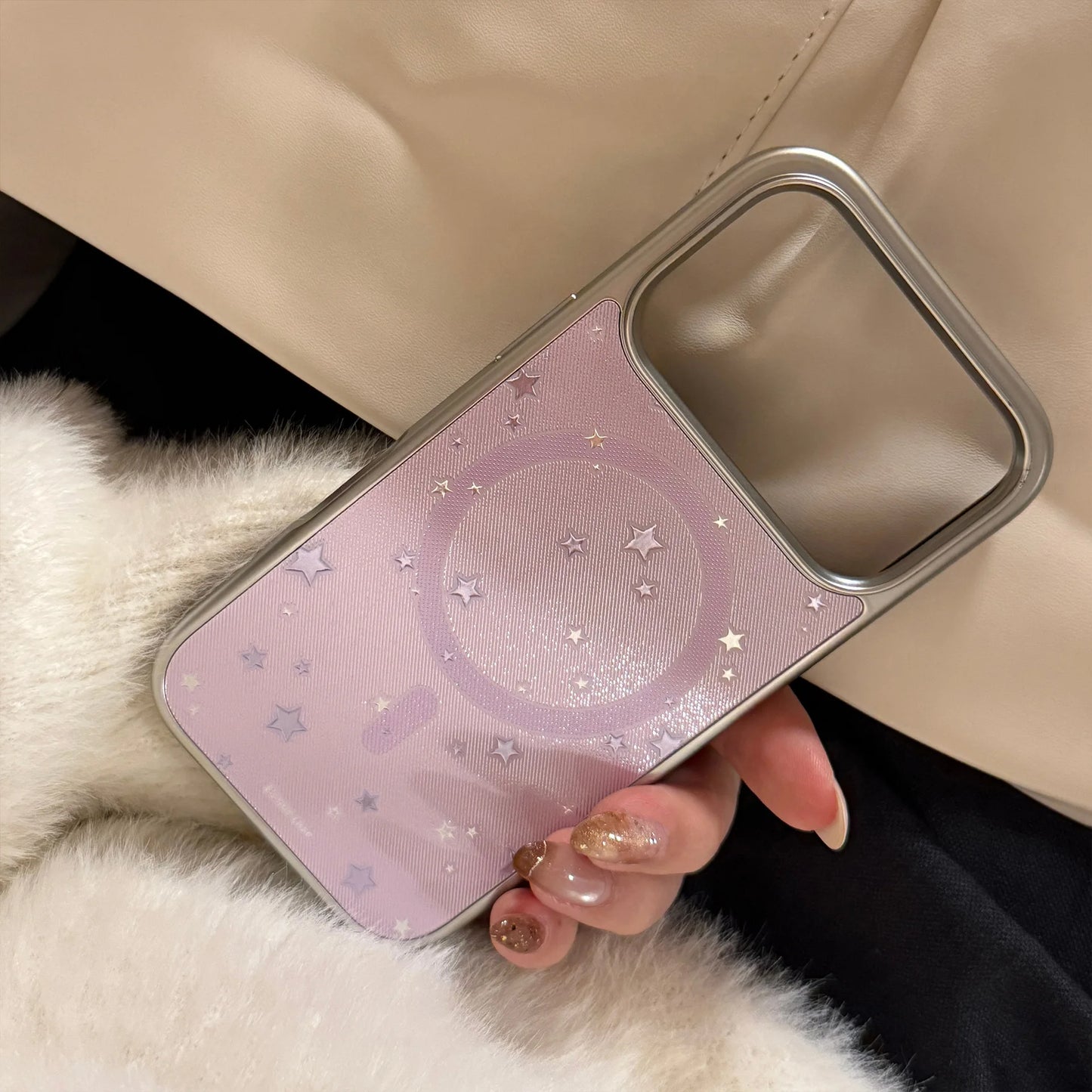 【マグネット式折りたたみハートスタンド付き】星柄 ラベンダー ハートリング付きスマホケース｜iPhone対応 #240705