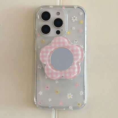 お花型ミラーグリップ デイジー柄 クリア Magnet内蔵 iPhoneケース｜淡色・大人かわいい #260025