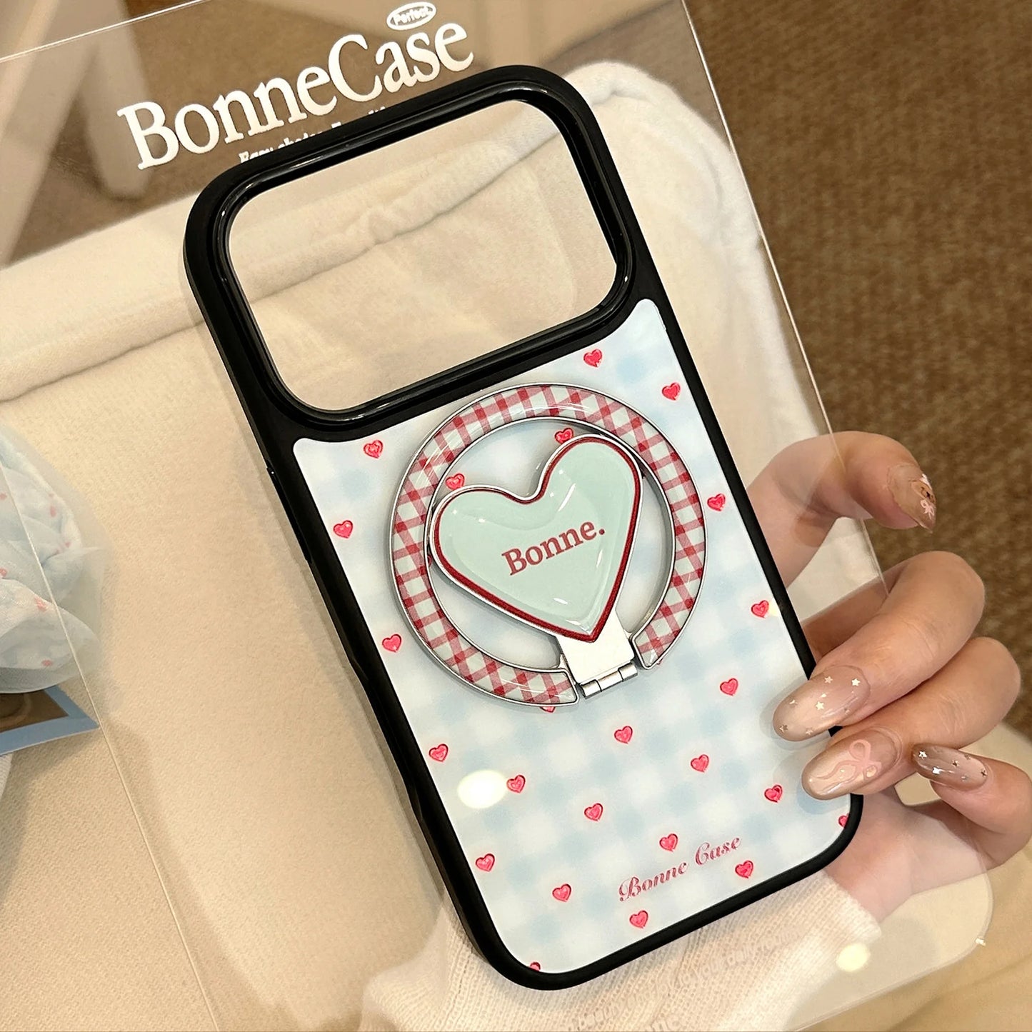 【マグネット式折りたたみハートスタンド付き】ブルーギンガムチェック柄 ハートリング付きスマホケース｜iPhone対応 #240703