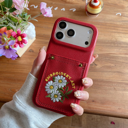 フラワー刺繍 ポケット付き レザー調 iPhoneケース #260613