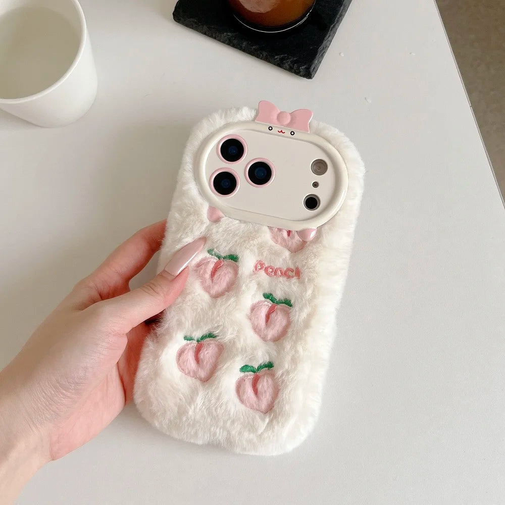 【ピーチファーリボン】もこもこピーチ×リボンカメラカバー スマホケース｜iPhone対応  #250113