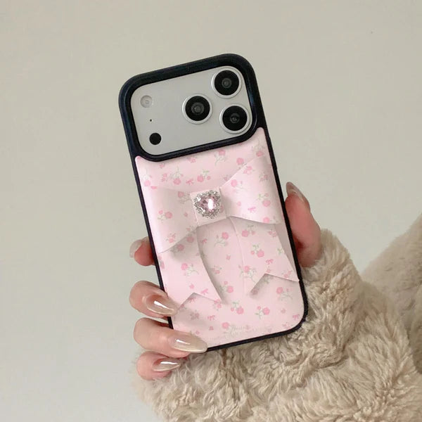 【立体リボン】iPhoneケース ハートビジュー フラワー ソフトレザー調 小花柄  #260208