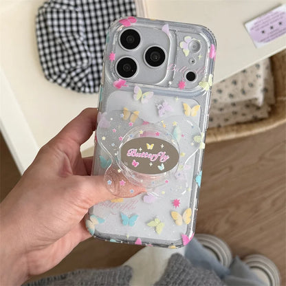 カラフルバタフライ きらめきクリア グリップ付き iPhoneケース｜淡色フェアリー #260009