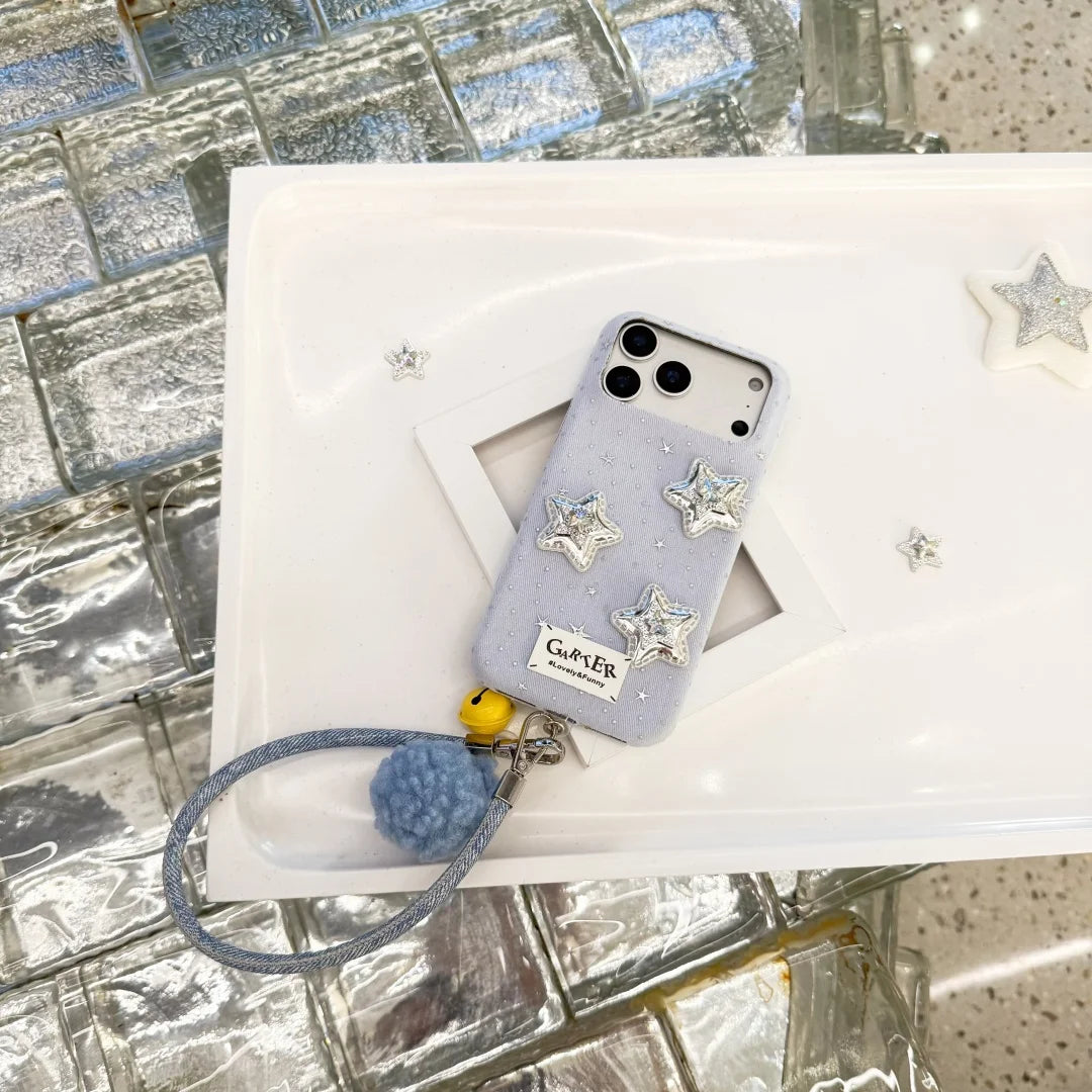 3Dシルバースター もこもこストラップ付き iPhoneケース｜星空グリッター・韓国ガーリー #260002