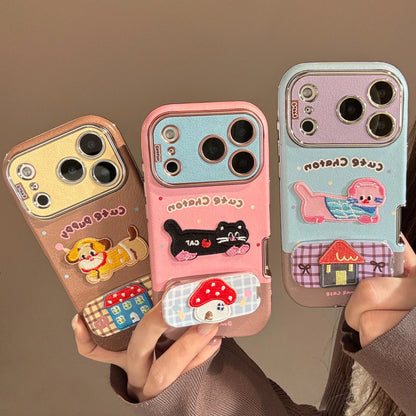 【HAPPYアニマルシリーズ】ヘッドホン わんこ ネコ 刺繍 × ふんわりガーリー ソフトレザー調ケース｜iPhone対応 #240826