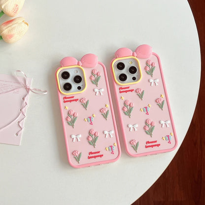 【フラワーリボンシリーズ】立体チューリップ＆蝶々モチーフ スマホケース｜iPhone対応 #250820