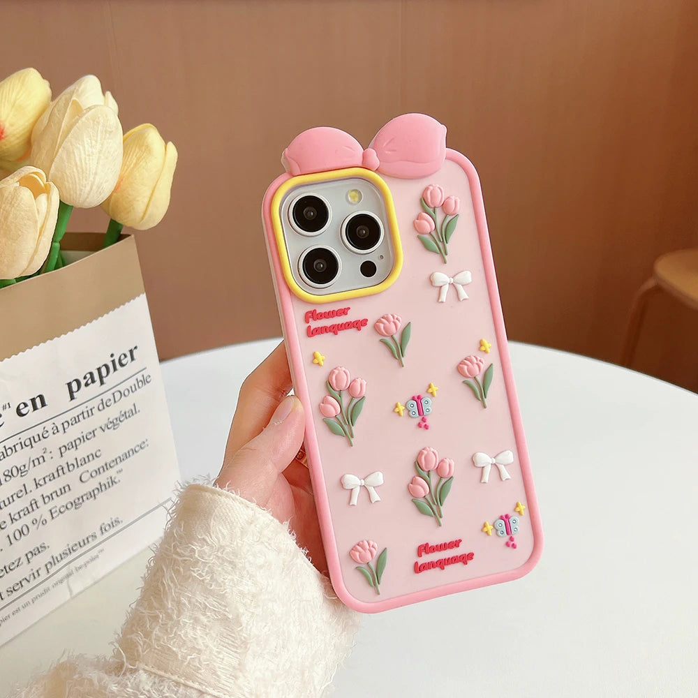 【フラワーリボンシリーズ】立体チューリップ＆蝶々モチーフ スマホケース｜iPhone対応 #250820