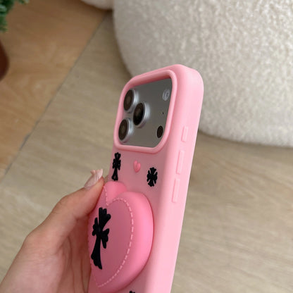 ハート×クロスモチーフ グリップスタンド付き iPhoneケース｜シリコン素材・立体デザイン #240525