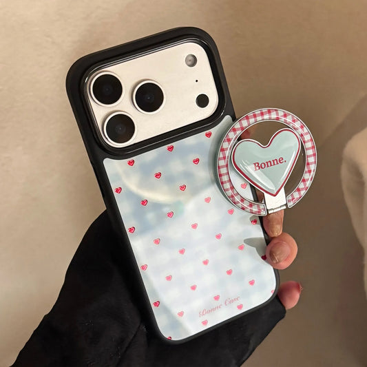 【マグネット式折りたたみハートスタンド付き】ブルーギンガムチェック柄 ハートリング付きスマホケース｜iPhone対応 #240703