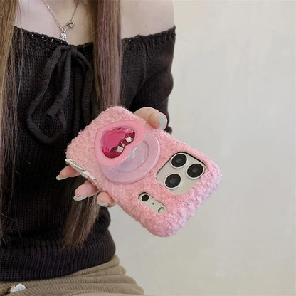 【Magnet内蔵】立体ハートジュエルポップソケット × もこもこファー スマホケース｜iPhone対応 #241214