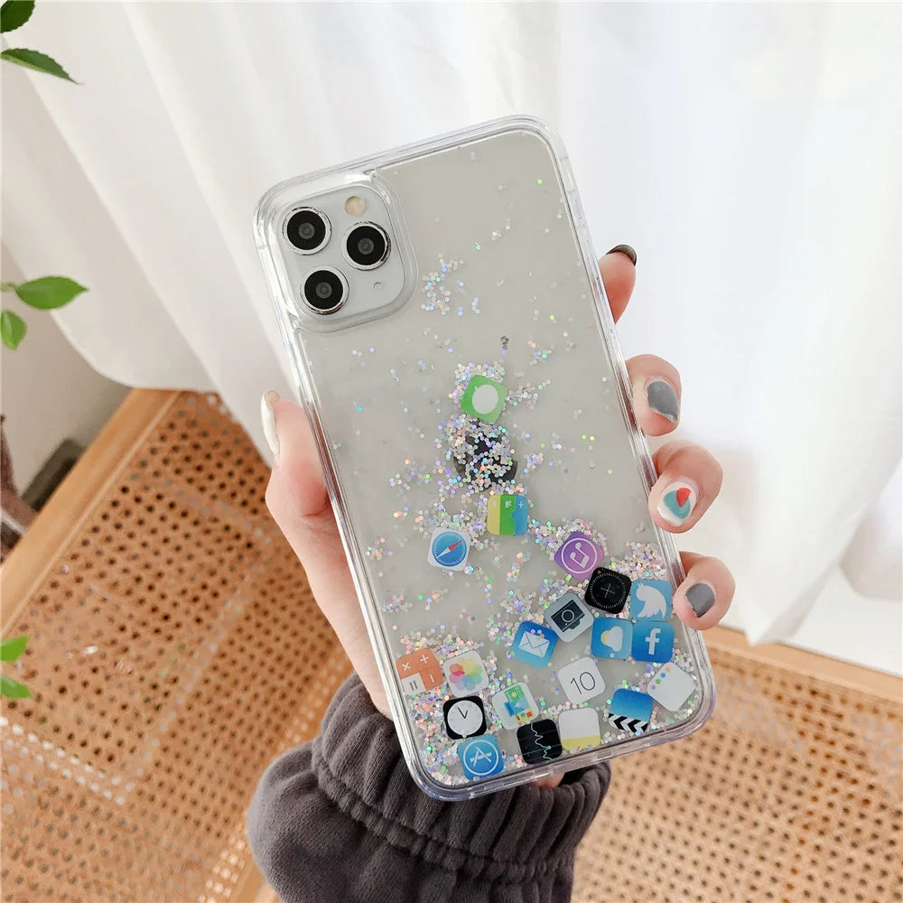 【流れるシリーズ】アプリアイコン クリア 透明キラキラ ラメ ソフト スマホケース カバー｜iPhone対応 #250402