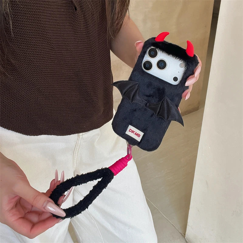 【デビルバットファー】あくまツノ付き×コウモリウィング もこもこスマホケース｜iPhone対応 🦇✨ #250111