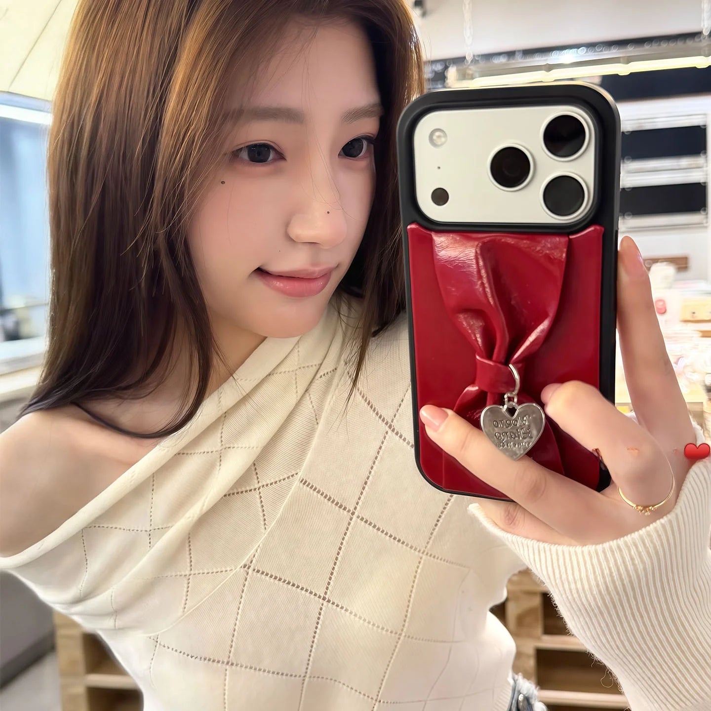 【立体リボン】 ハートチャーム付き ソフトレザー調  iPhoneケース #260207