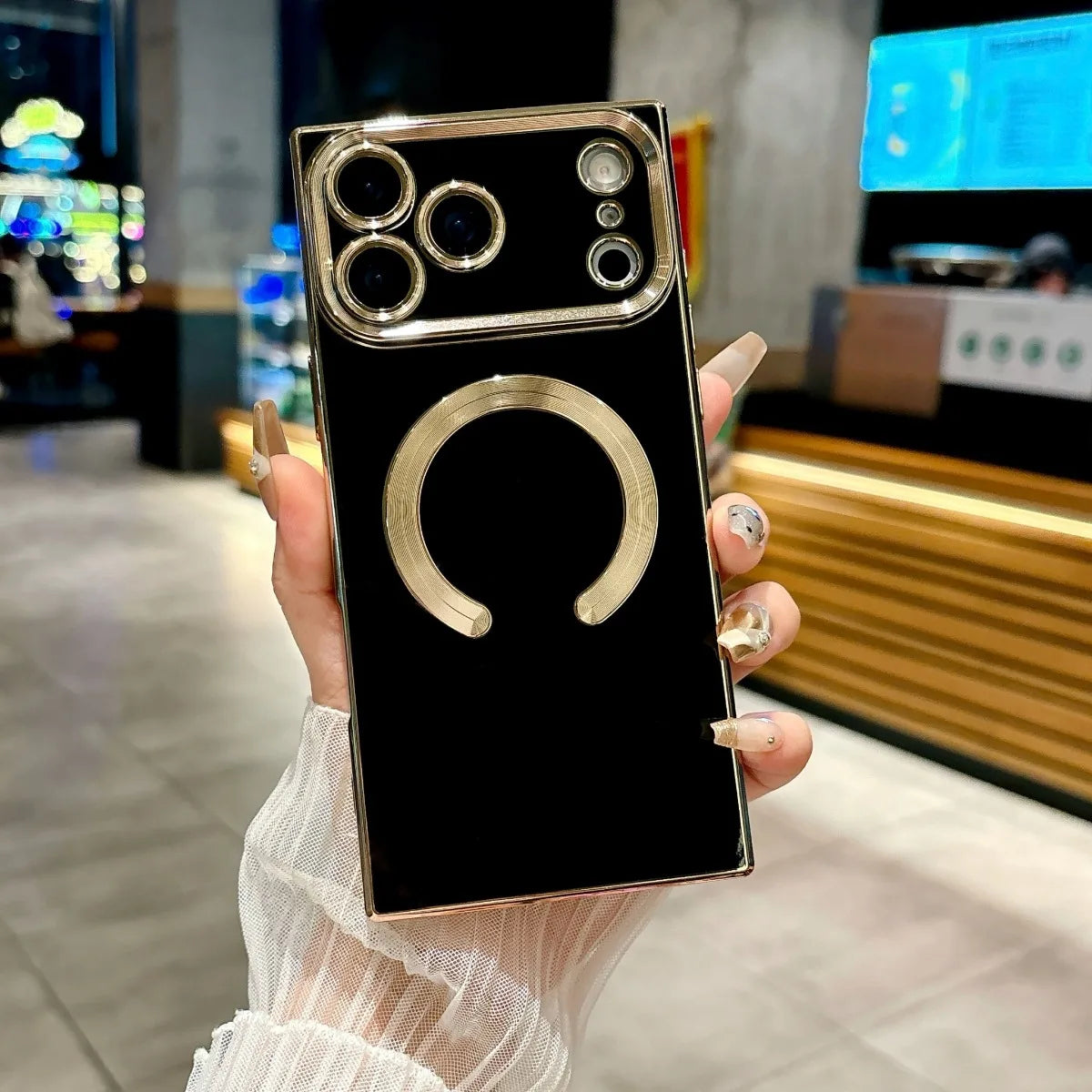 【スクエアシリーズ】Magsafe対応 メタリック縁取り スマホケース 高級感 薄型 背面保護 スマホケース カバー | iPhone対応 #250412