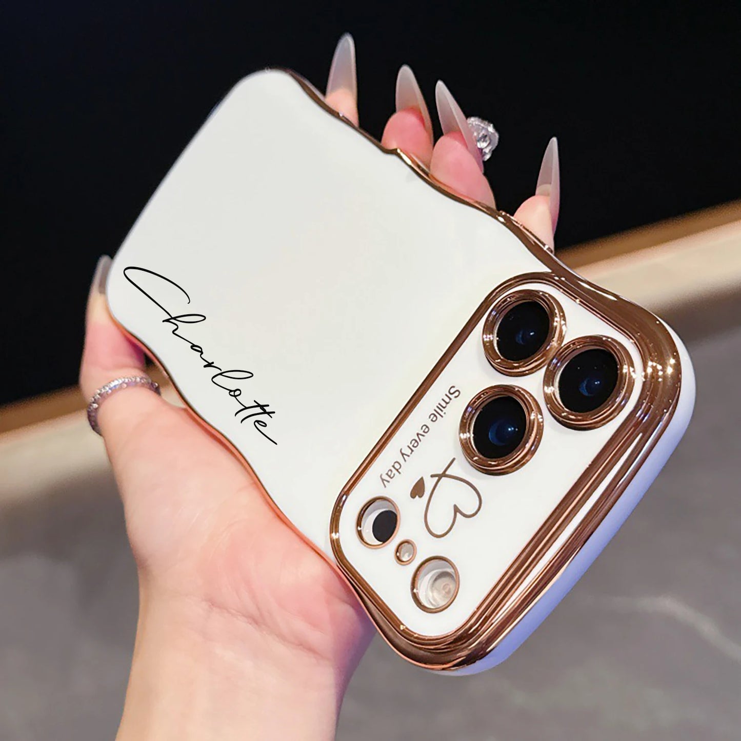 【カスタムシリーズ】ウェーブフレーム サイドハート 名入れ ソフトケース｜iPhone対応 #240714