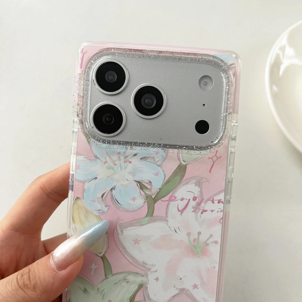 【ユリの花】iPhoneケース フラワーアート ピンク｜スクエアデザイン 花柄グリッター付きi #230823